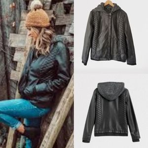 MO-KA Meriam Knit Hood Faux Leather Jacket XL